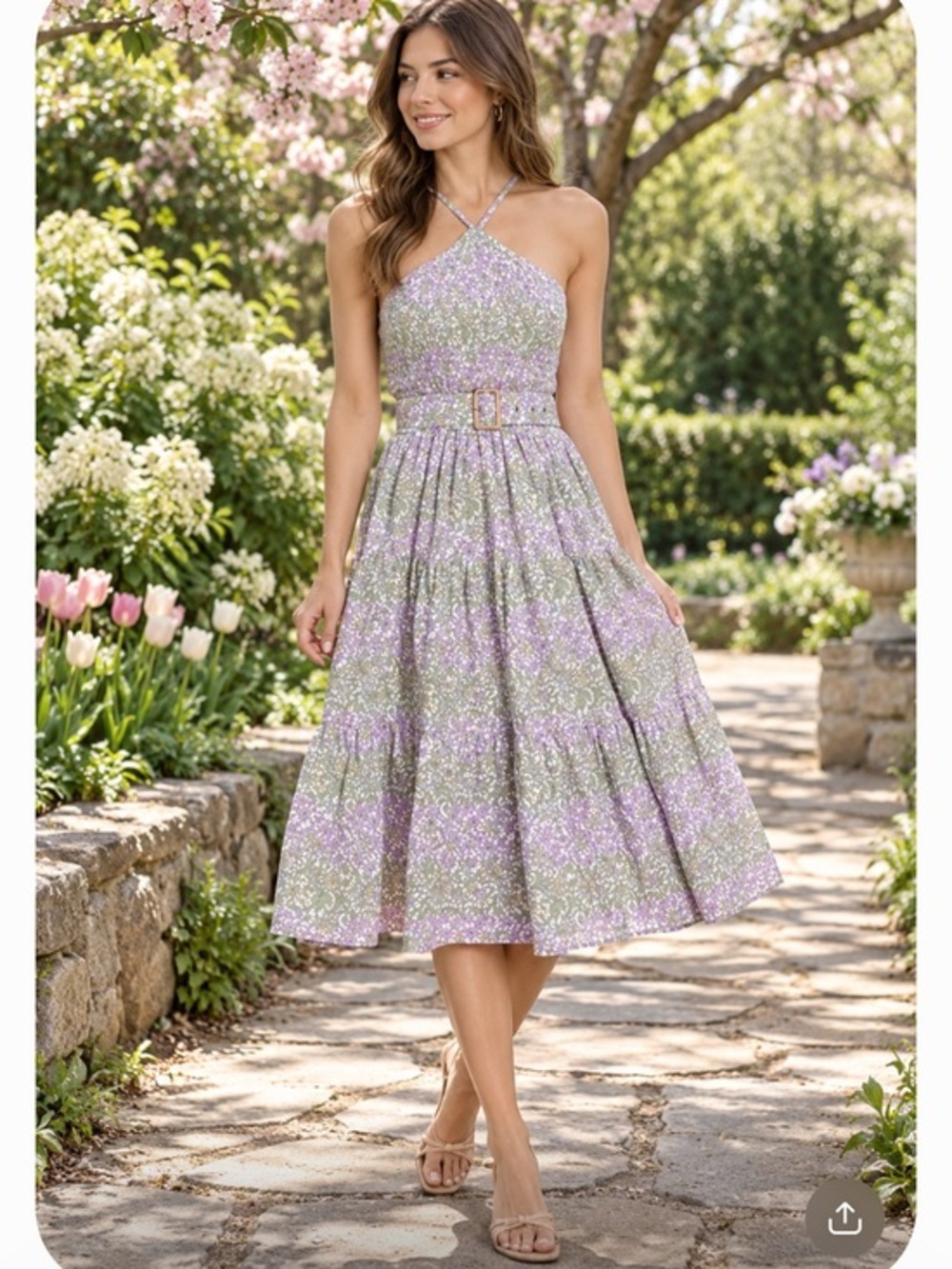 Lusana Women’s Arlen Linen A-Line Spring Dress green lilac size M